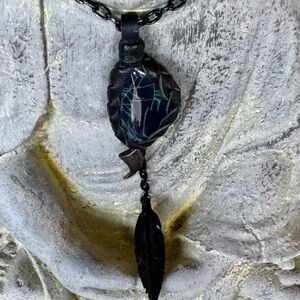 Leather Wrapped Black Stone Long Necklace Long Pendant Drop Native Boho Style